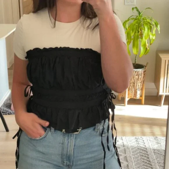 Free People Black Gabby Crop Tube Womens Top Smocked Ruched Side Tie Size Large - Picture 3 of 5